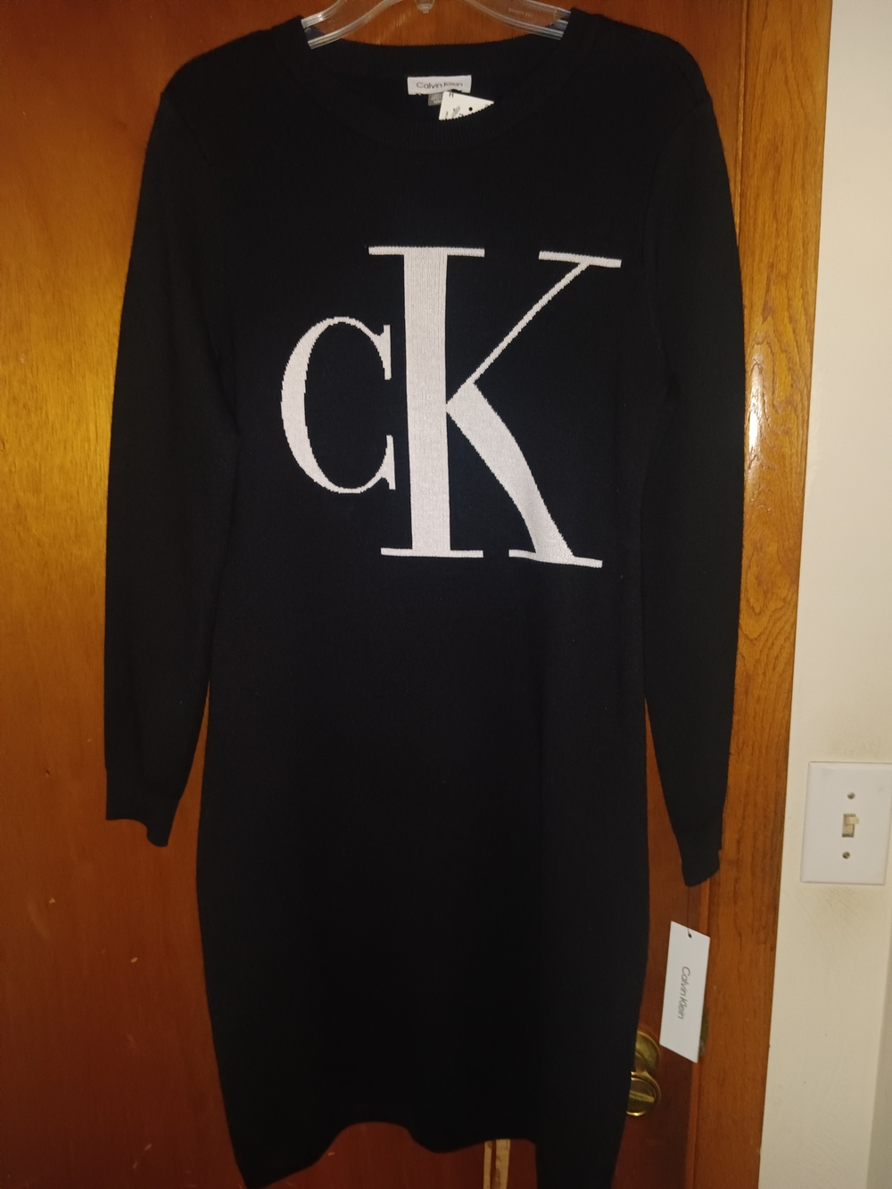 Calvin Klein Black Crew Neck Sweater Dress with White CK Logo